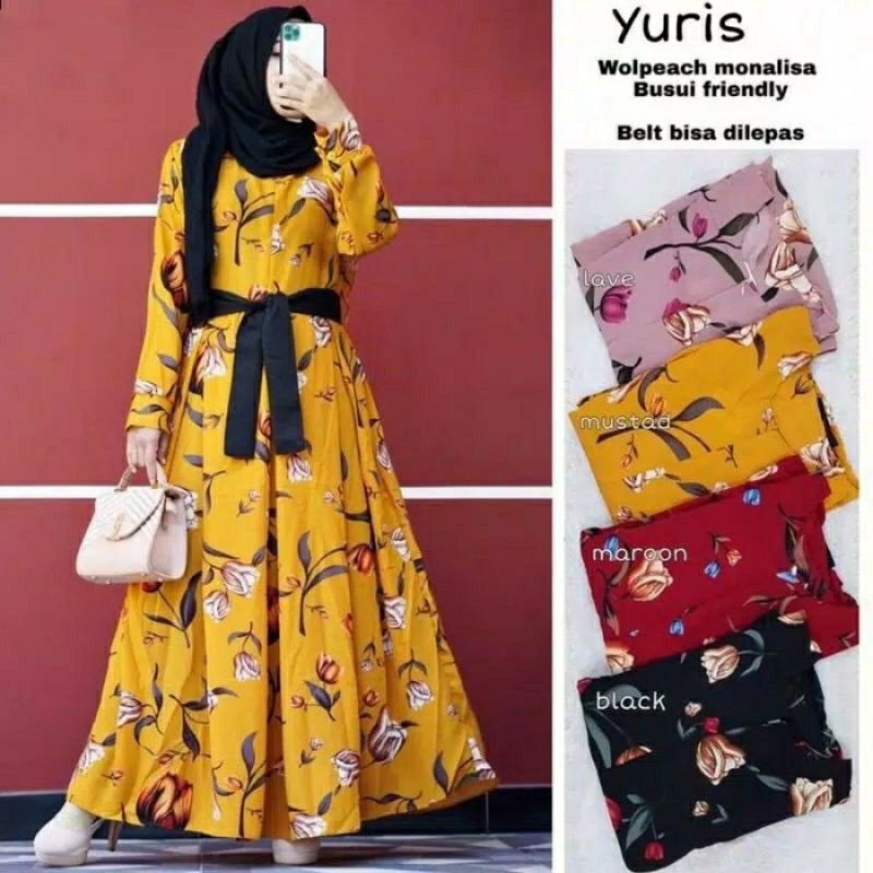 gamis yuris motif bunga tulip Monalisa terbaru 2022 busui / gamis tulip murah katun