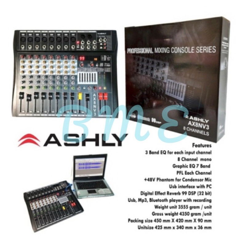 MIXER AUDIO ASHLY AX8N V3/AX8NV3 8CH USB-BLUETOOTH-RECORDING TO PC NEW