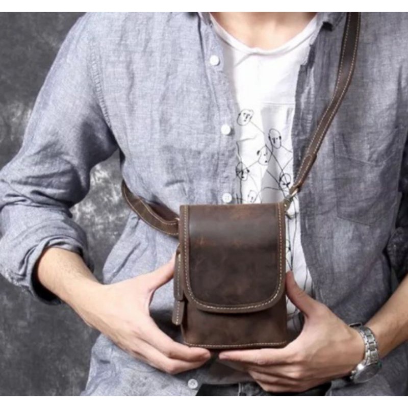 Tas Selempang Hp - Asli Kulit Sapi - Sling Bag Pria - Tas Kulit Pria
