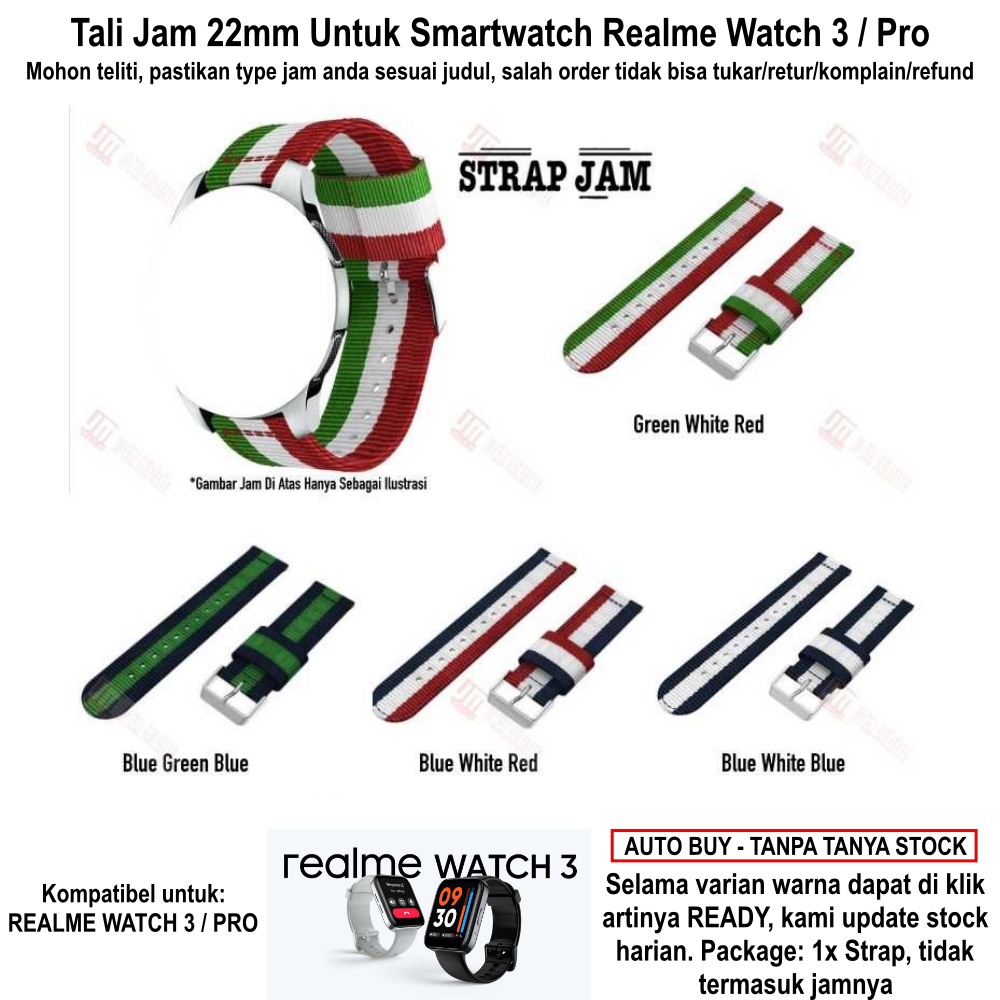 Tali Realme Watch 3 / Pro - Strap Jam Nylon Nilon 3 Baris Warna Dengan Buckle Silver