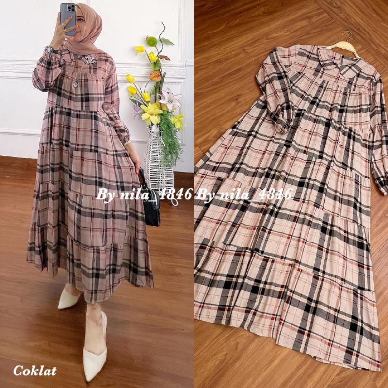 Set Gamis Setelan Stelan Pakaian Baju Fashion Gaun Long Dres Dress Drees kotak kotak Pesta Muslim Mu