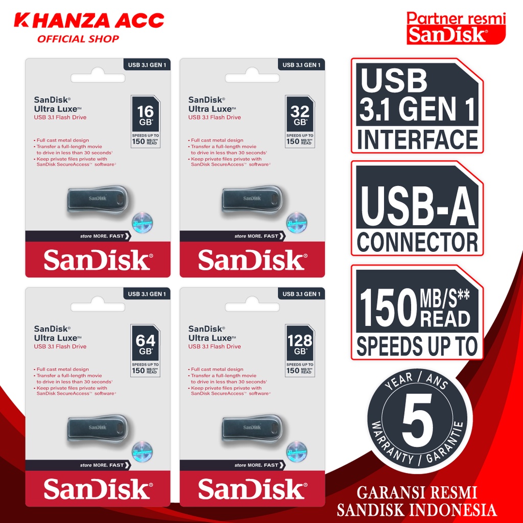 KHANZAACC SANDISK ULTRA LUXE Flashdisk 16GB 32GB 64GB 128GB USB 3.1 ORI