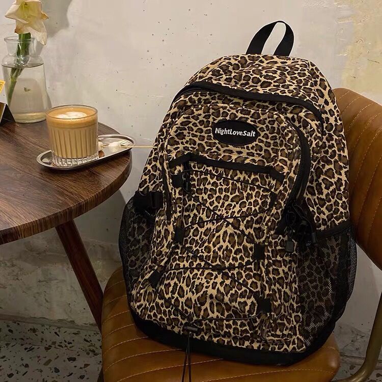 ❈▽Sera dark wind goreng street leopard print ransel untuk pria dan wanita versi Korea tas sekolah siswa kasual berkapasitas besar untuk semua pertandingan untuk pria dan wanita