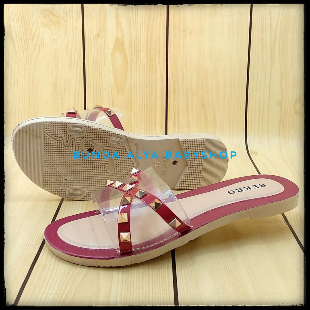 Sandal Wanita Slop Flat Size 36 - 40 MERAH - Sendal Selop Transparan - Sandal Flat Wanita OpenToe SALE