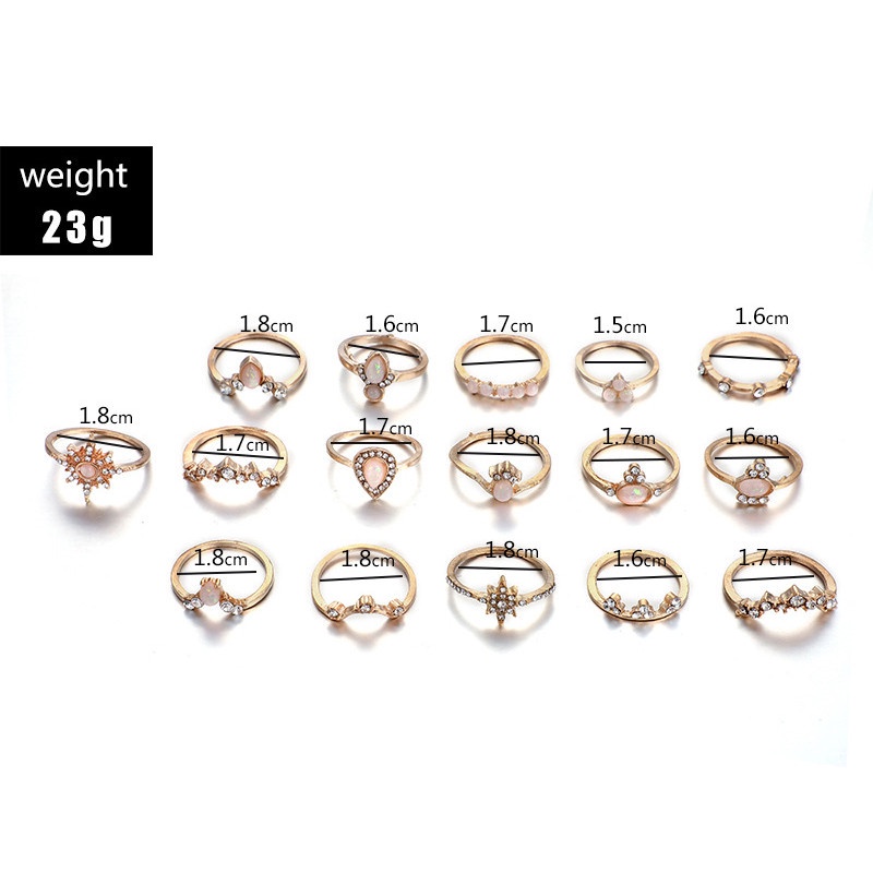 16pcs / Set Cincin Berlian Bentuk Mahkota Tetesan Air Gaya Bohemia Untuk Wanita