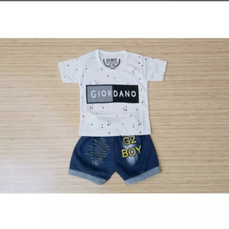 adelia_collection setelan baju bayi anak laki laki motif sablon Giordano celana denim