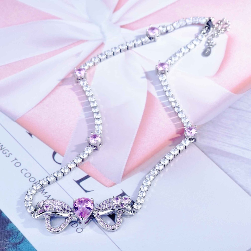 Set Kalung Choker Gelang Anting Berlian Zirkon Warna Pink Bahan Stainless Untuk Aksesoris