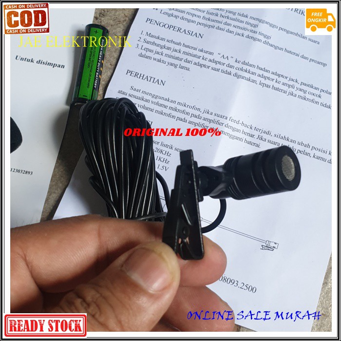 G518 MIC JEPIT MONITOR AUDIO ORIGINAL MIK KABEL CONDENSOR MICROPHONE KANCING KERAH BAJU CLIP ON klip sensitif aux sound klip cable profesional pro vocal vokal karaoke mikrophone G518   BISA DIGUNAKAN SEGALA JENIS AUDIO  PAKAI BATERAI AA X SATU PCS  Profes