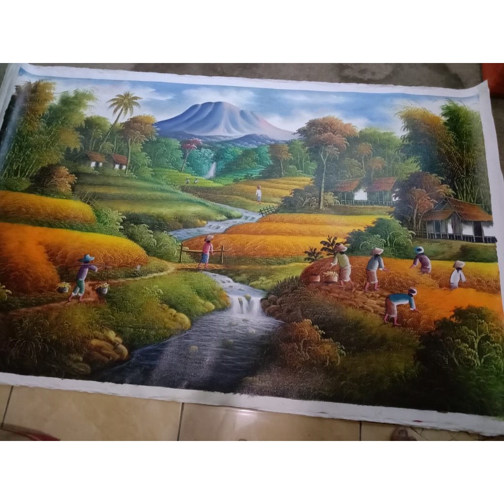 Lukisan pemandangan sawah panen #2
