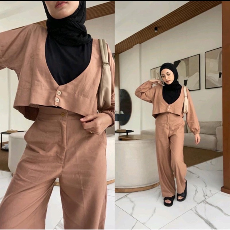 One Set Celana Kulot Setelan Wanita Kekinian Stelan Baju Crop Remaja Setelan Outer Crop Stelan Outwe