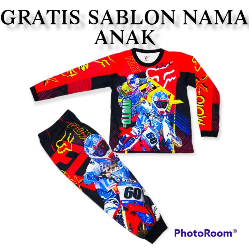 SETELAN BAJU MOTOR CROSS ANAK UMUR 2-11 THN/GRTIS sablon nma