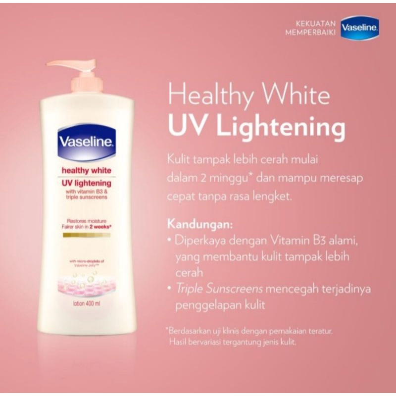 Vaseline Lotion Gluta Glow Healthy Bright UV Extra Brightening Intensive Care Advanced Strength Pump 400ml White Sun + Polkution Protection Spf 24 Perfect 10 aha + retinol night repair