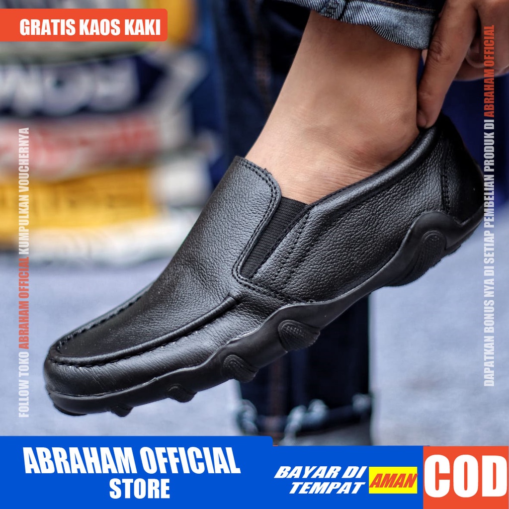 ABRHM BARAN Sepatu Slip On Pria Sepatu Pria Casual Kulit Asli Sepatu Casual Pria Sepatu Kasual Slop Anti Slip Semi Formal Kerja Kuliah Gaya Santai Keren Kekinian Original Murah Terlaris