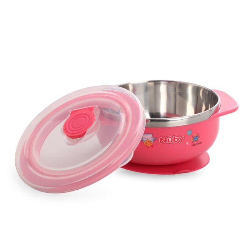 Nuby Stainless Steel Suction Bowl Pink Owl Tempat Makan Stenlis