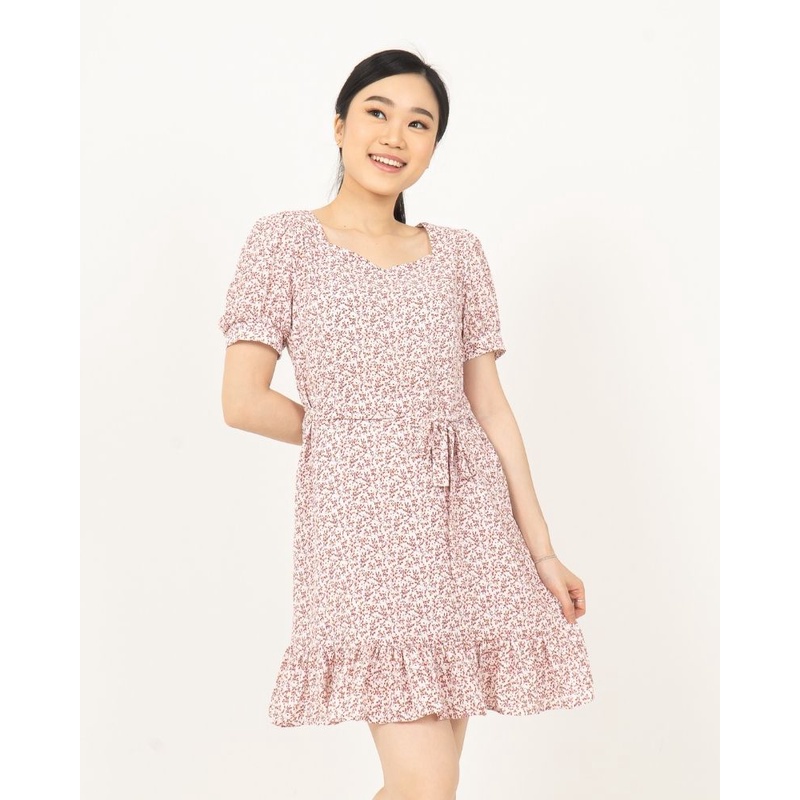 Bubble Sleeve Floral Dress pink By Youkki Made in Korea