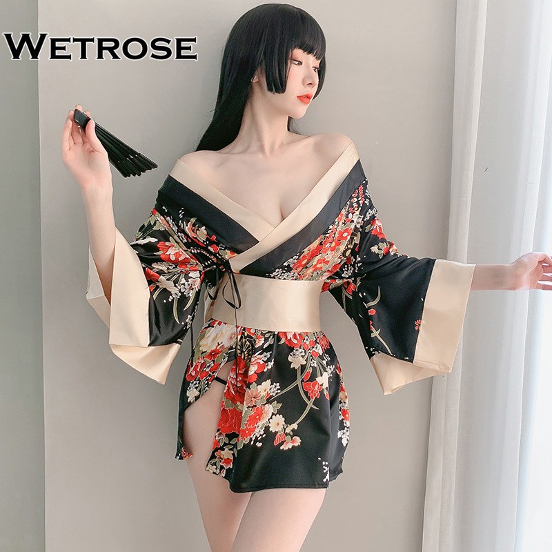 【Wetrose】Sexy Deep V Print Sexy Cosplay Japanese Kimono Elegant Charming Robe Lingerie Suit