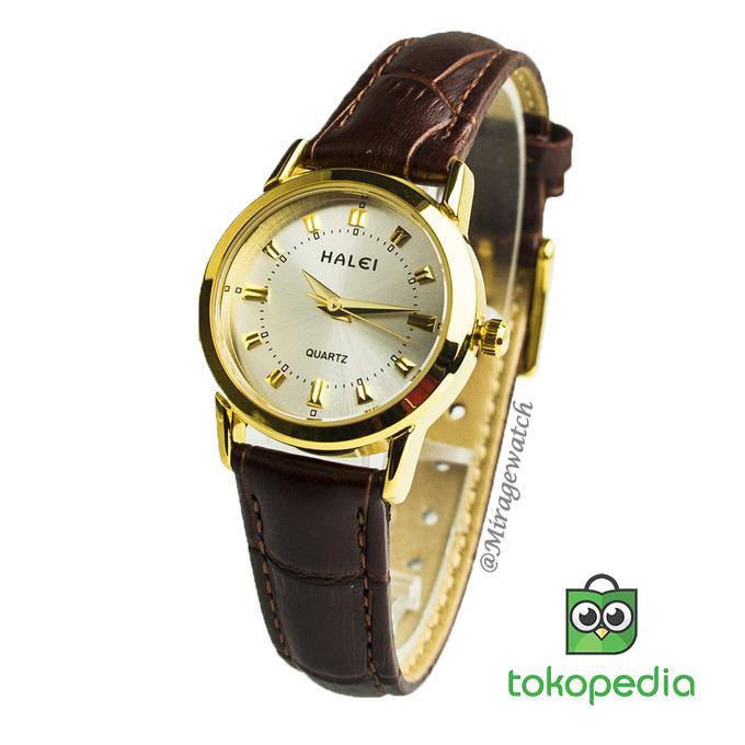 TERBARU TERLARIS JAM TANGAN KULIT GOLD WANITA HALEI 502 L PP TERLARIS