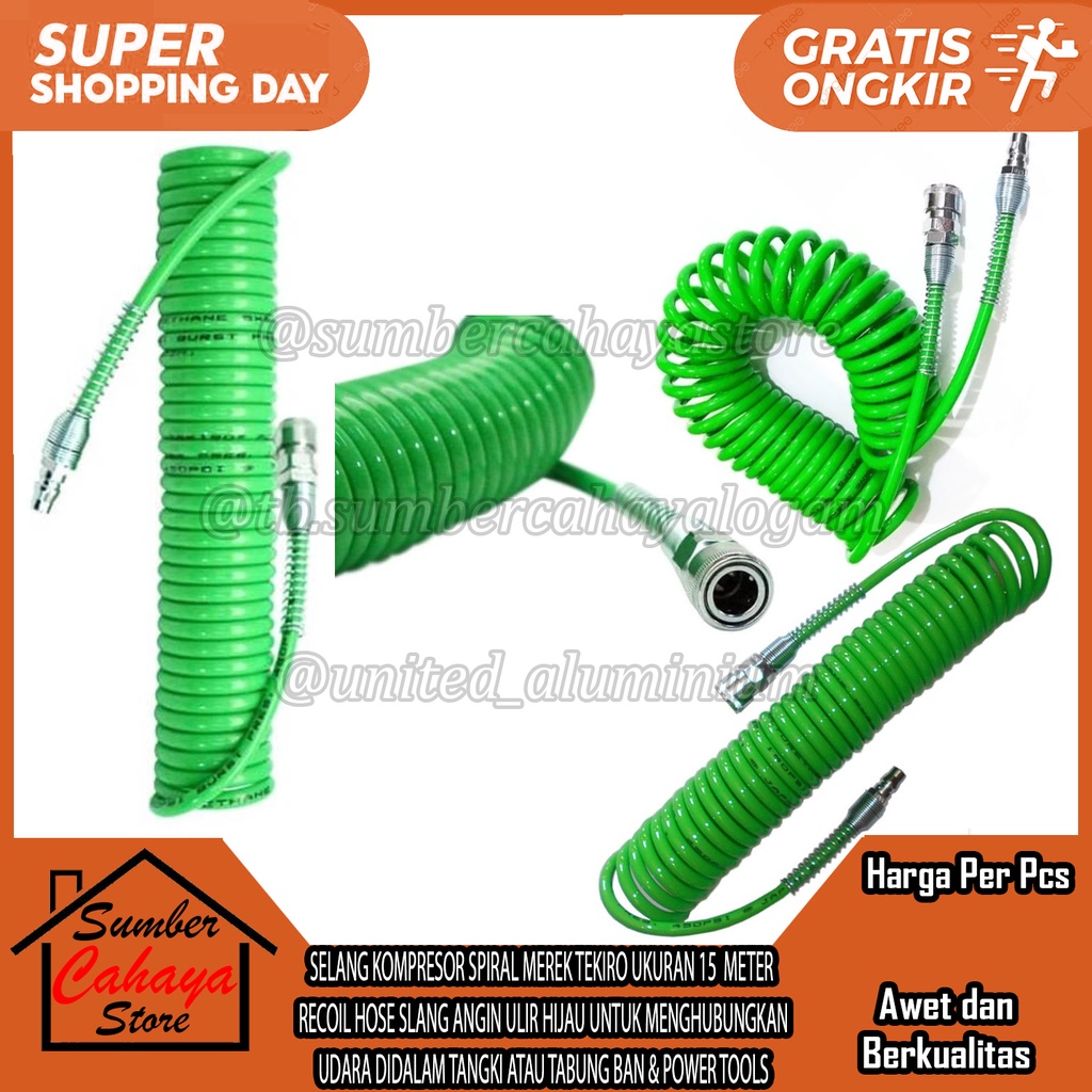 SELANG KOMPRESOR SPIRAL MEREK MERK TEKIRO UKURAN 15  METER M MTER MTR  RECOIL HOSE SLANG ANGIN ULIR 