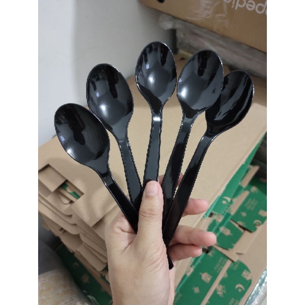 10pcs Mika Sekat Box Nasi Sekat 5 Sendok Plastik Hitam Sendok Box Nasi Sendok Tebal Plastik