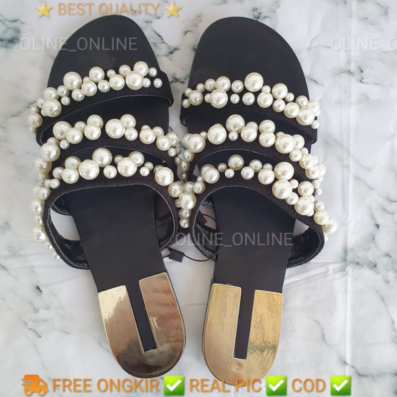 Sandal mutiara 3 tali shiny pearl flat shoes ujung bulat zr glamor kekinian