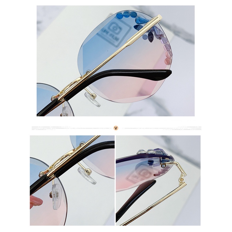 Kacamata Hitam Rimless Pelindung UV Aksen Kristal Untuk Wanita