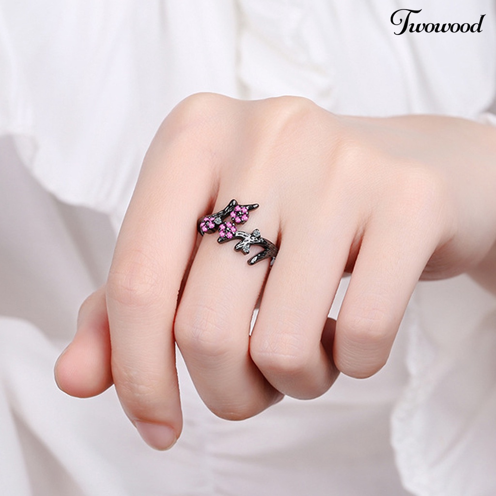 Twowood Adjustable Ring Open End Copper Blooming Plum Flower Rhinestone Ring for Daily Wear