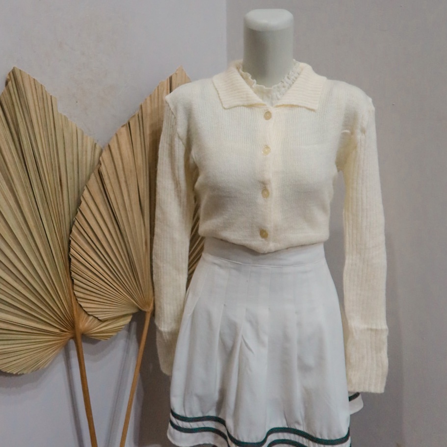 Cardigan Rajut Crop Berkerah Warna Putih Gading