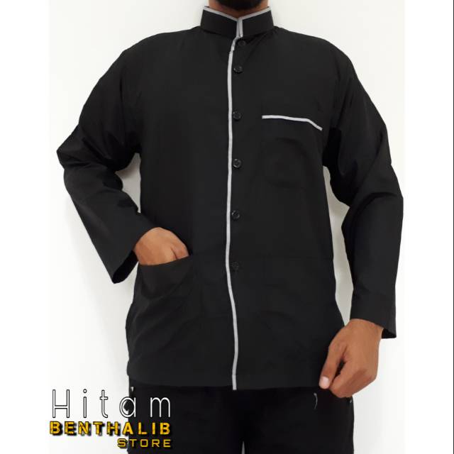 Baju Muslim Koko Allebas Motif Kombinasi Lis Bahan Katun Spon Polly Warna Hitam