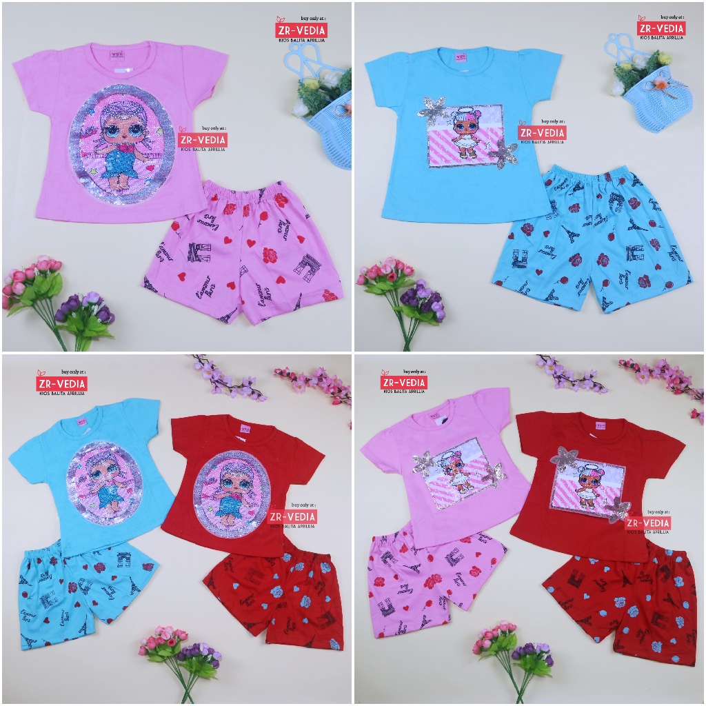 Setelan Queena uk 1-6 Tahun / High Quality Baju Anak Perempuan Lengan Kartun Pendek Cewek Kaos Usap