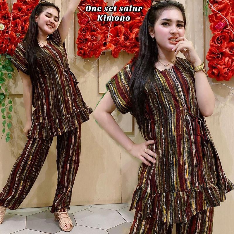 SETELAN KIMONO LURIK  ONE SET KIMONO LURIK  SETELAN CELANA PANJANG KIMONO LURIK