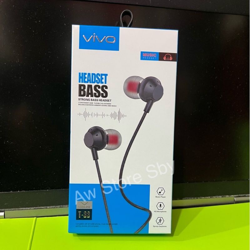 (vivo T-33) Headset Vivo Earbuds Bass Stereo + Microphone Earphone vivo Strong Bass Y12 Y15 Y17 Y53S