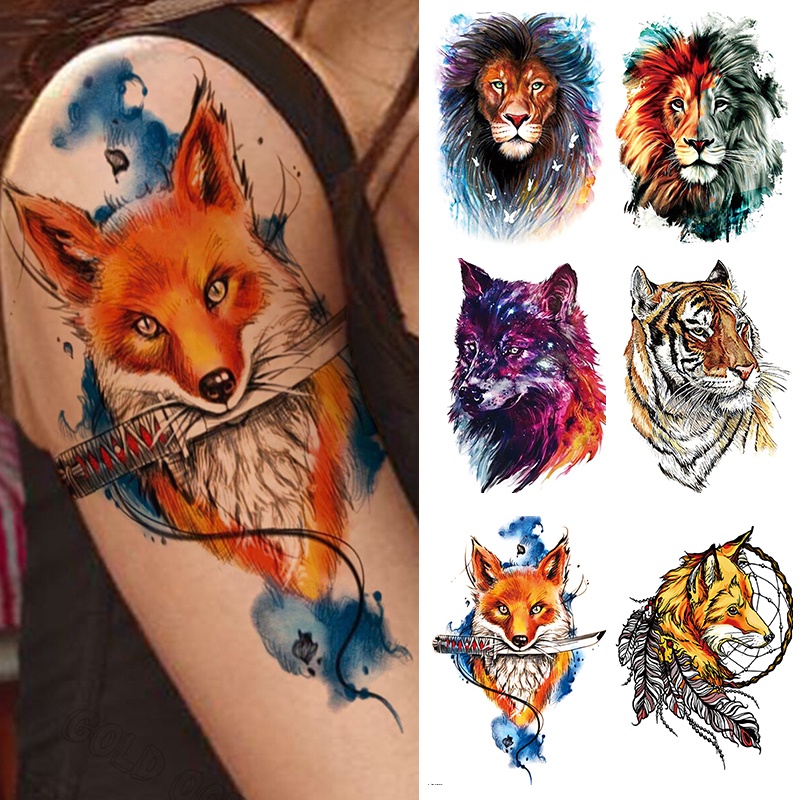 【BTI】Warna Sementara Tato Palsu Hewan Tahan Air Stiker Tato Singa Harimau Burung Hantu Fox Tato Hitam