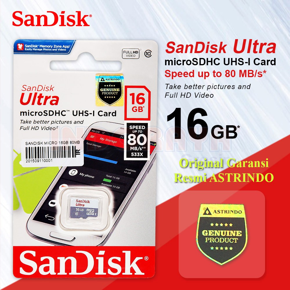 MEMORY HP 16GB MEMORY CARD SANDISK ULTRA MICRO 16 GB KARTU MEMORI SANDISK MICRO 80MBps 16GB GARANSI RESMI