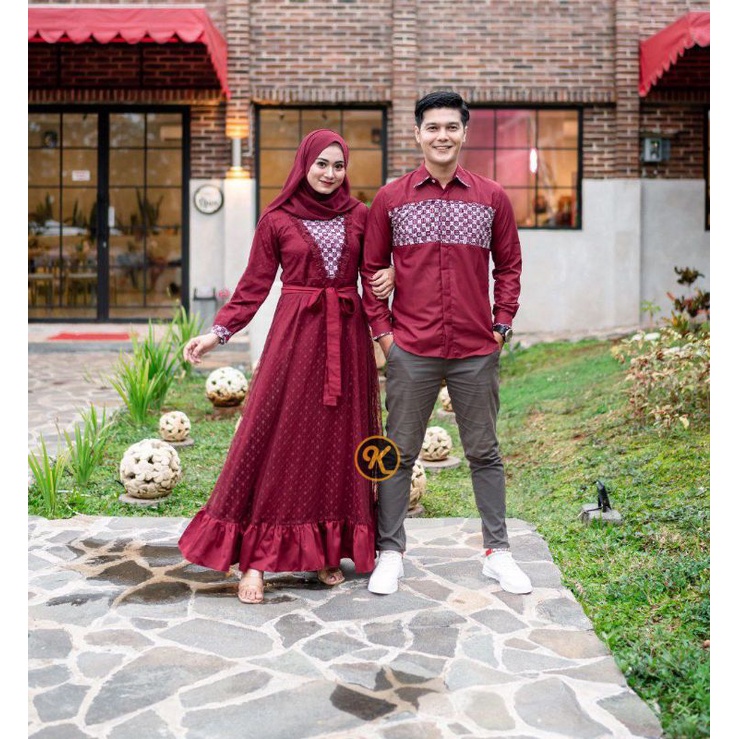 SARIMBIT BATIK COUPLE AYUMA 2 GAMIS BRUKLAT TILLE KOMBINASI MAXMARA WARNA MAROON