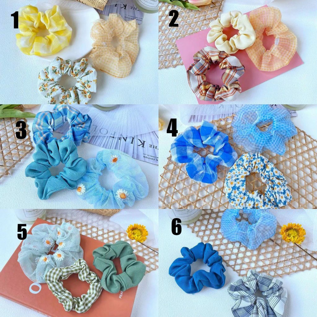 3Pcs/Set Ikat Rambut MF69 Scrunchies Ponytail Elastis Bhn Sifon Motif BungaDaisy-6