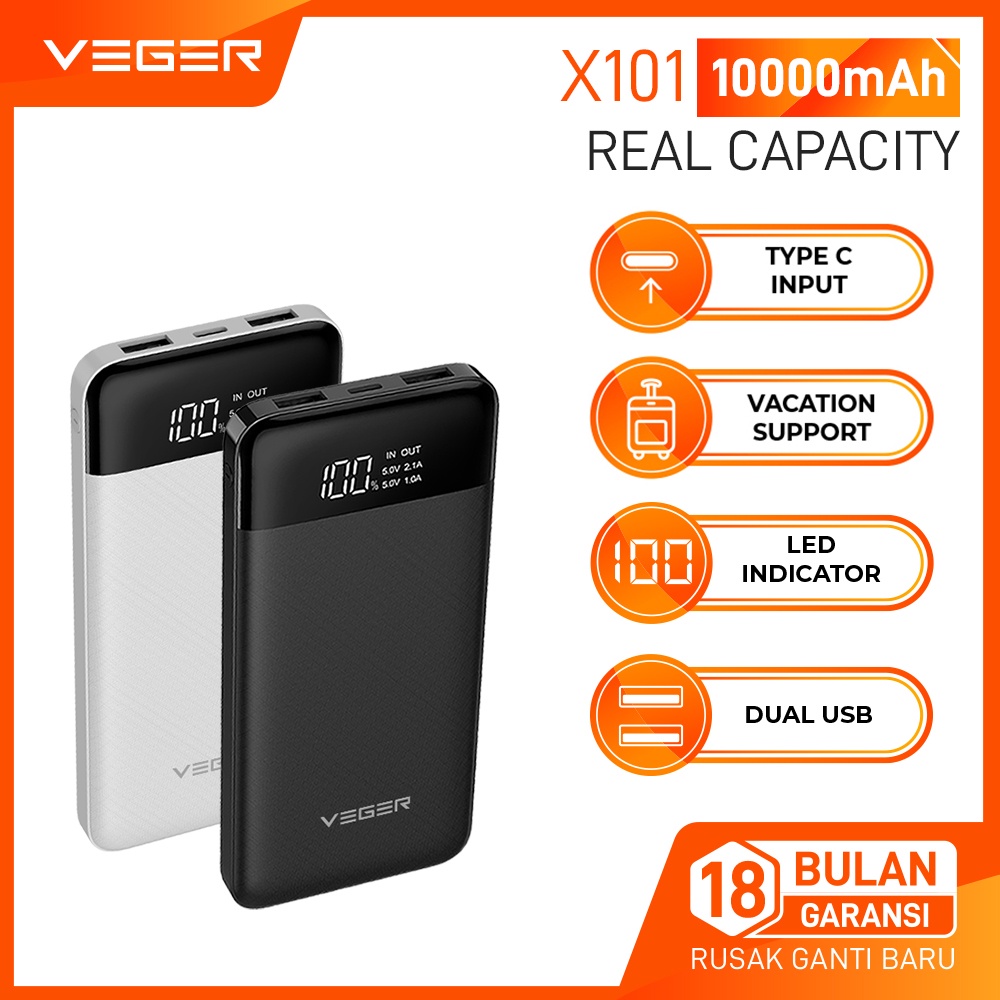 VEGER Powerbank X101 10000mAh Indicator LED Digital Display Real Capacity Power Bank