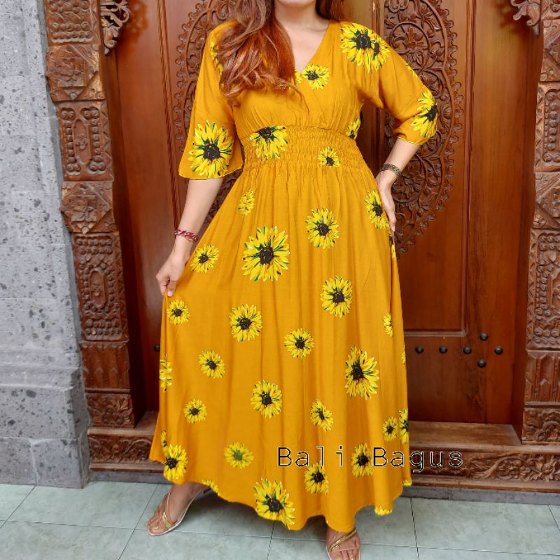 GAMIS BALI / DRES MOZA ( lengan lonceng)-Flower kuning