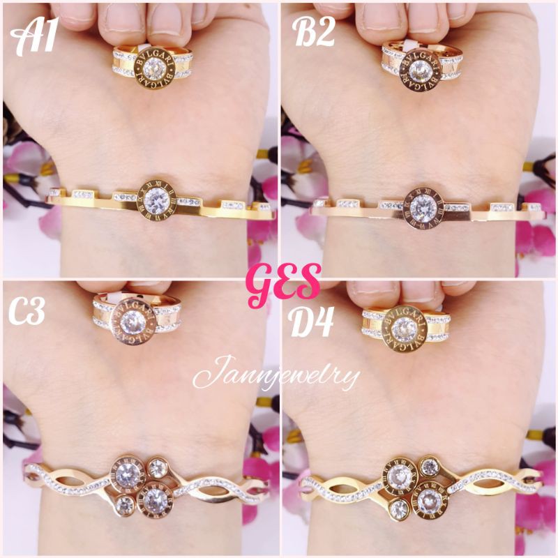 Gelang set + cincin GES titanium asli anti karat tidak alergi