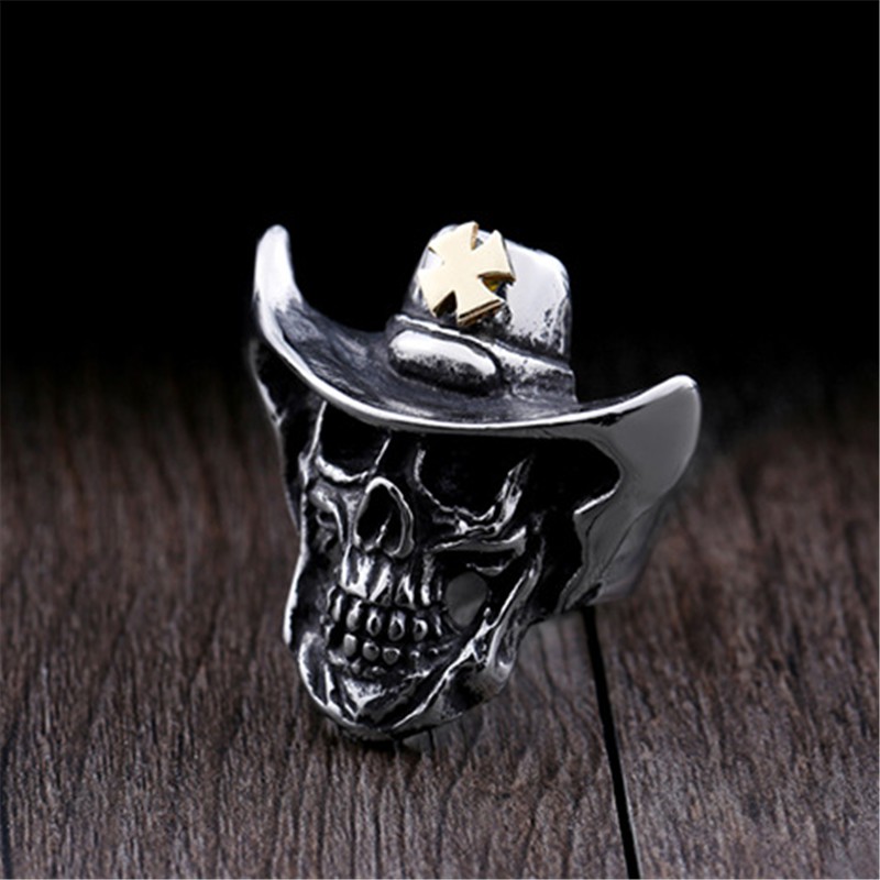 SEUSUK  Cincin Motif Kepala Tengkorak Gaya Punk Vintage Warna Emas untuk Pria