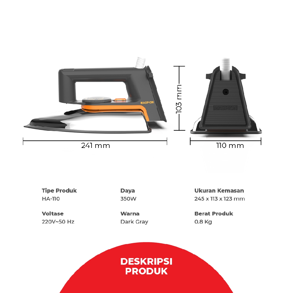 MASPION Setrika HA-110 Stainless  Anti Lengket 100%Original Garansi Resmi