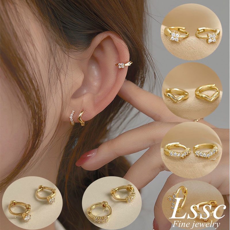 1 Pasang Anting Titanium Wanita 14k Emas Berlian Anting Hoop Perhiasan Anti Karat