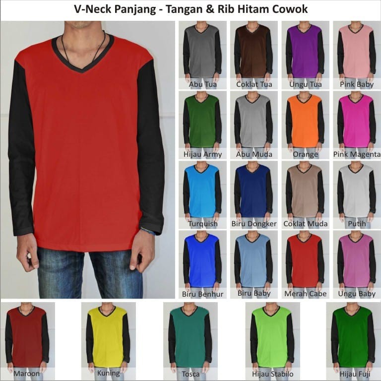 XL XXL TSHIRT/KAOS POLOS VNECK PRIA LENGAN PANJANG TANGAN & RIB HITAM JUMBO
