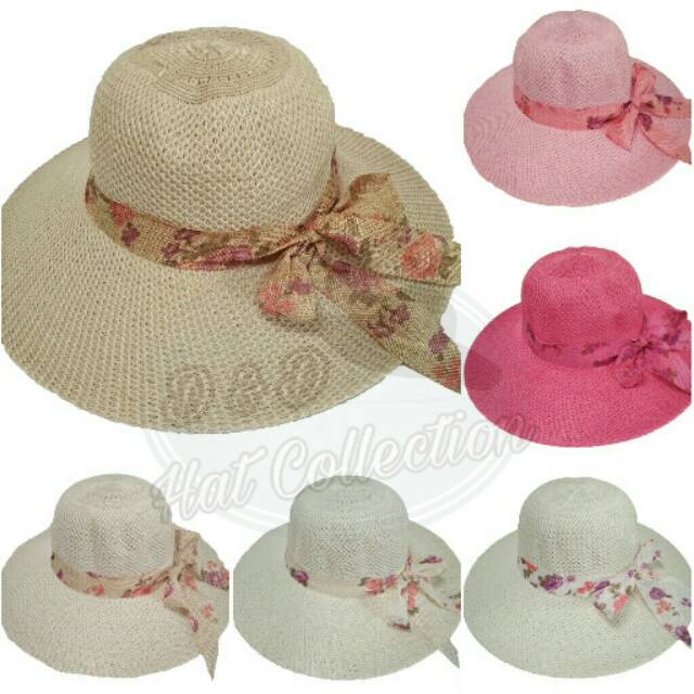 Topi Fashion/Topi Pantai Wanita Import Polos Pita Bunga