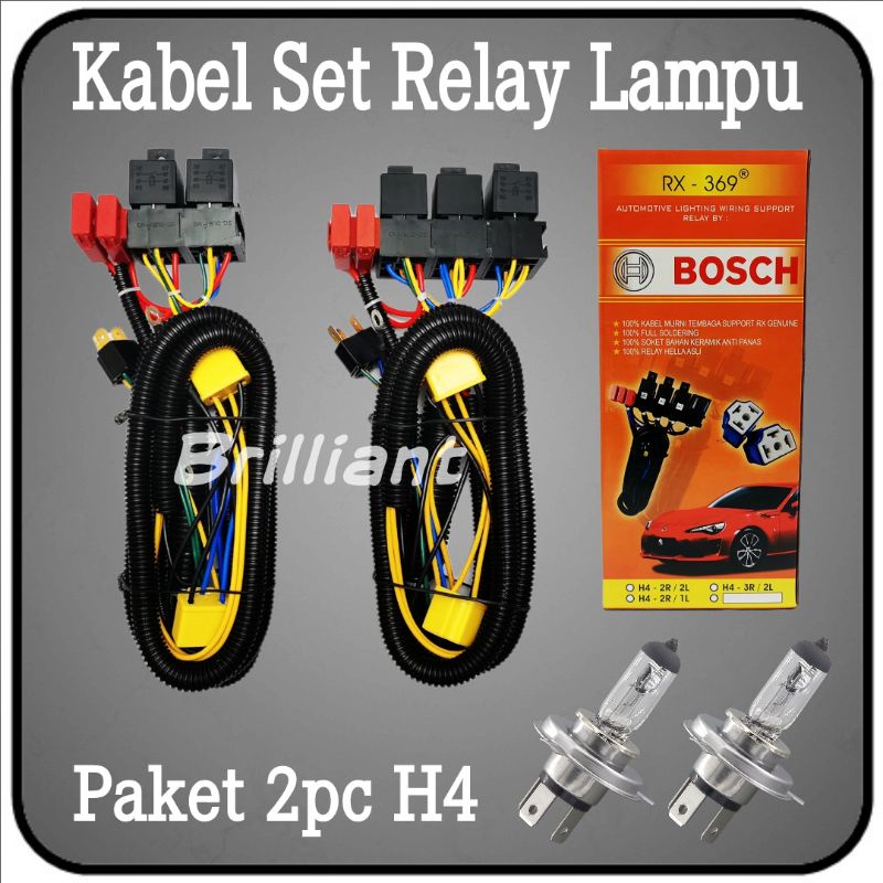 Kabel Set Relay Lampu Mobil - Universal H4 - Bisa Paket + Bohlam H4 2pc Original