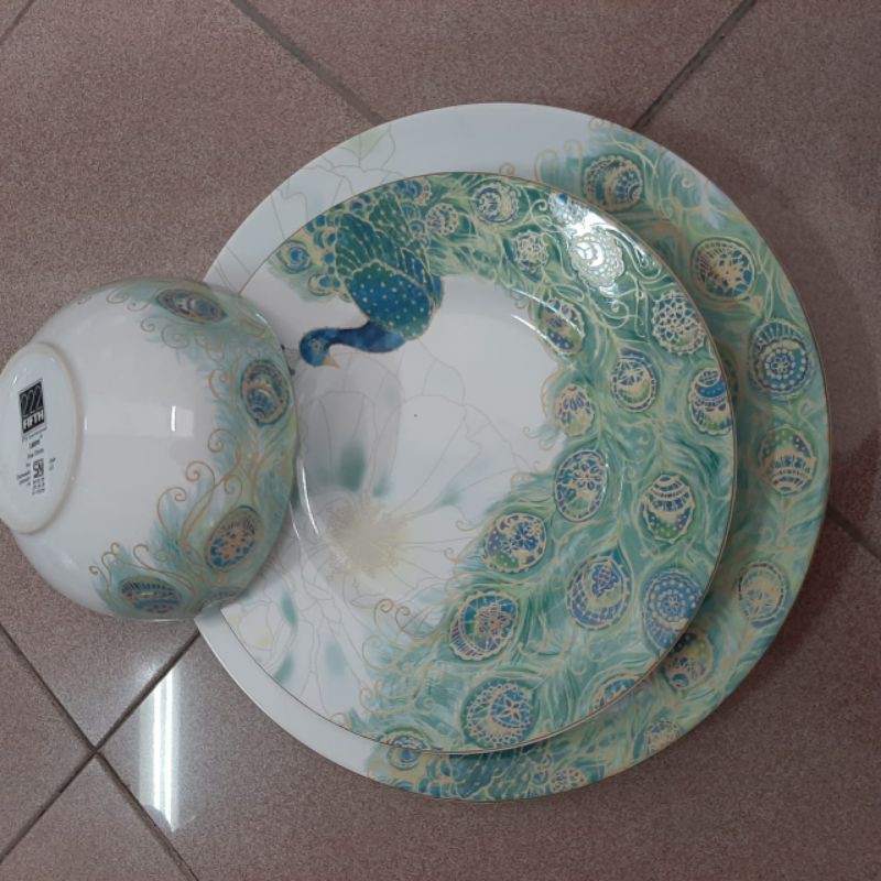 [SET] MERAK DINNER SALAD PLATE BOWL MANGKOK PIRING KERAMIK SANGO MOTIF PEACOCK BURUNG KLASIK ANTIK