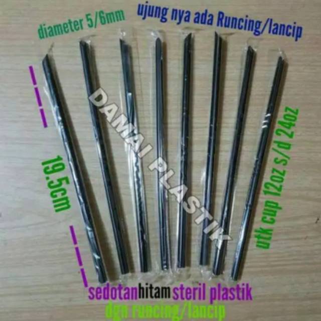 Sedotan Plastik Es Teh Solo 6mm 20cm Steril Hitam 250btng Bungkus Hegenies Kopi Runcing 6 mm 20 cm
