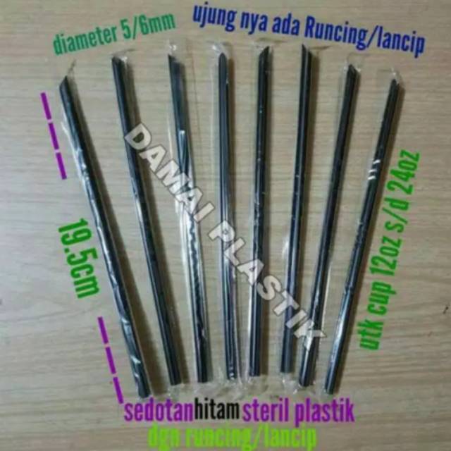 Sedotan Plastik 6mm 20cm Steril Hitam 250btng Bungkus Hegenies Kopi Lurus Lancip Runcing 6 mm 20 cm