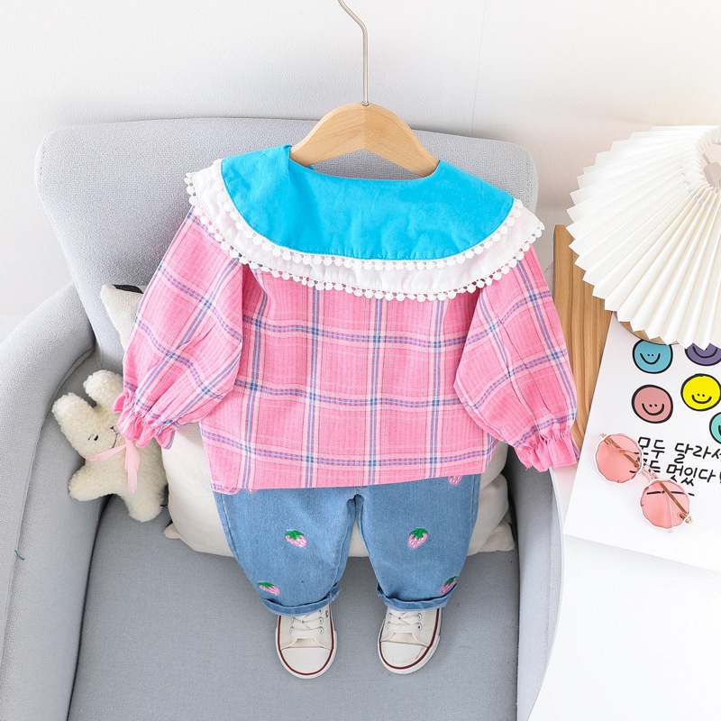 Baju Anak Perempuan EMA Set Kemeja dan Celana Jeans Fashion Anak Korean Style Import 2in1
