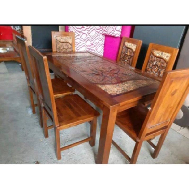 Meja makan koin ukir kursi 6 mebel Jepara