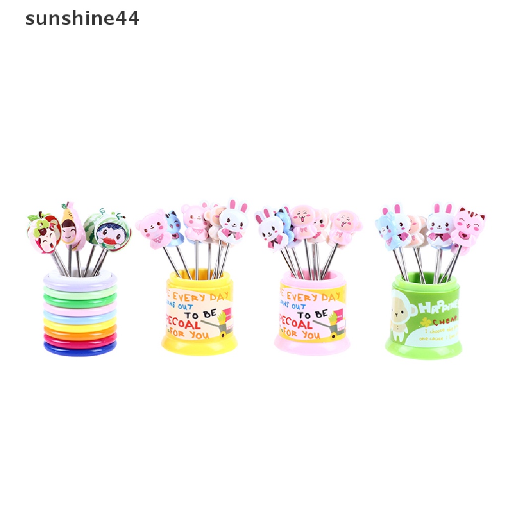 Sunshine 1 Set Garpu Buah / Dessert Bentuk Binatang Bahan Stainless Steel Warna Pelangi Dengan Toples Penyimpanan